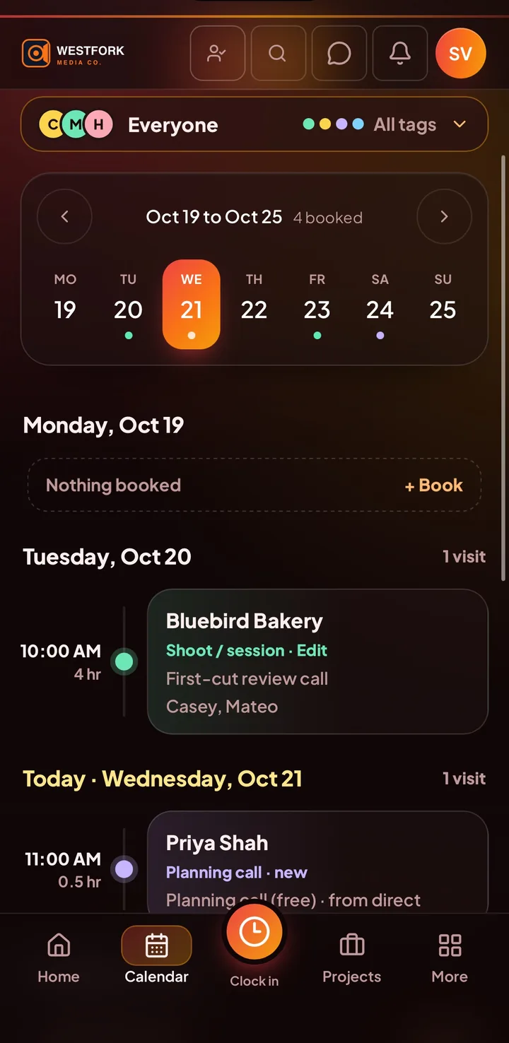 Calendar in the Owner Hub app: the week with booked jobs and who is on them