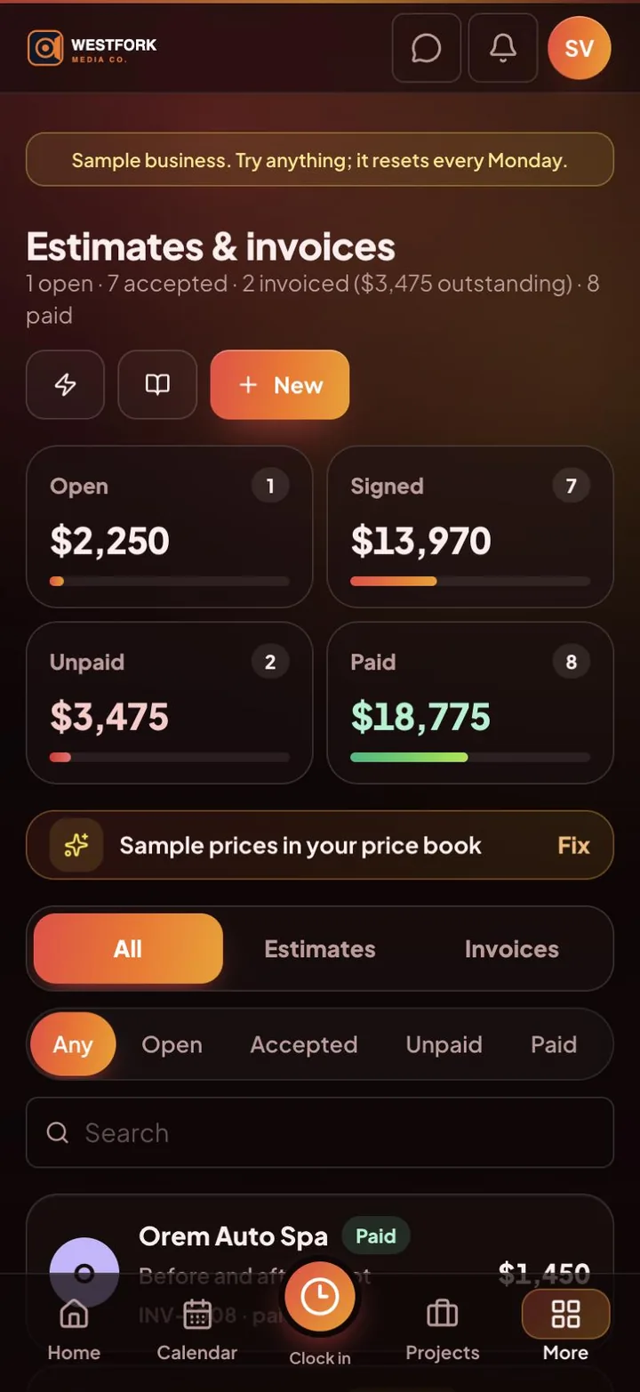 Estimates and invoices in the Owner Hub app: open, signed, unpaid and paid totals